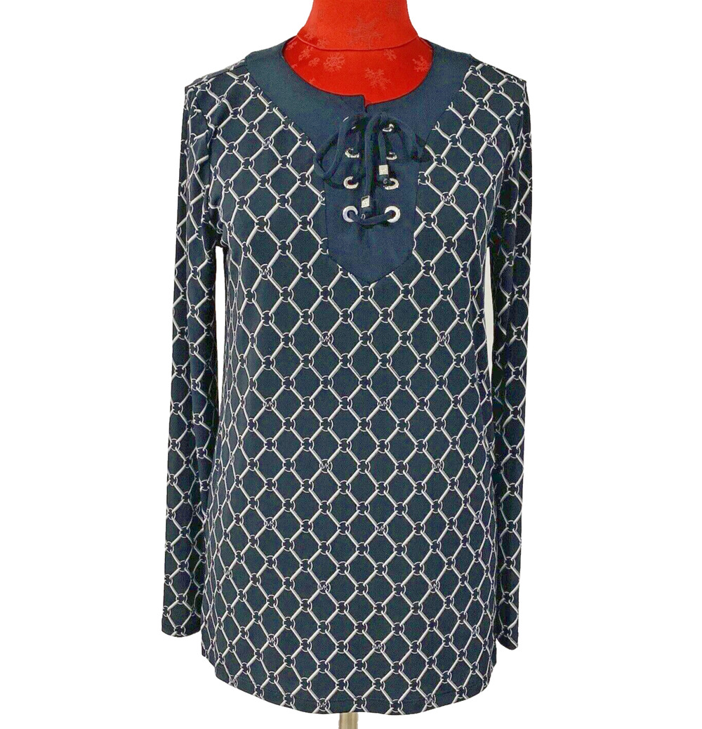 Michael Kors Casual Top Size S Black Gray White Geometric Lace Up Long Sleeve